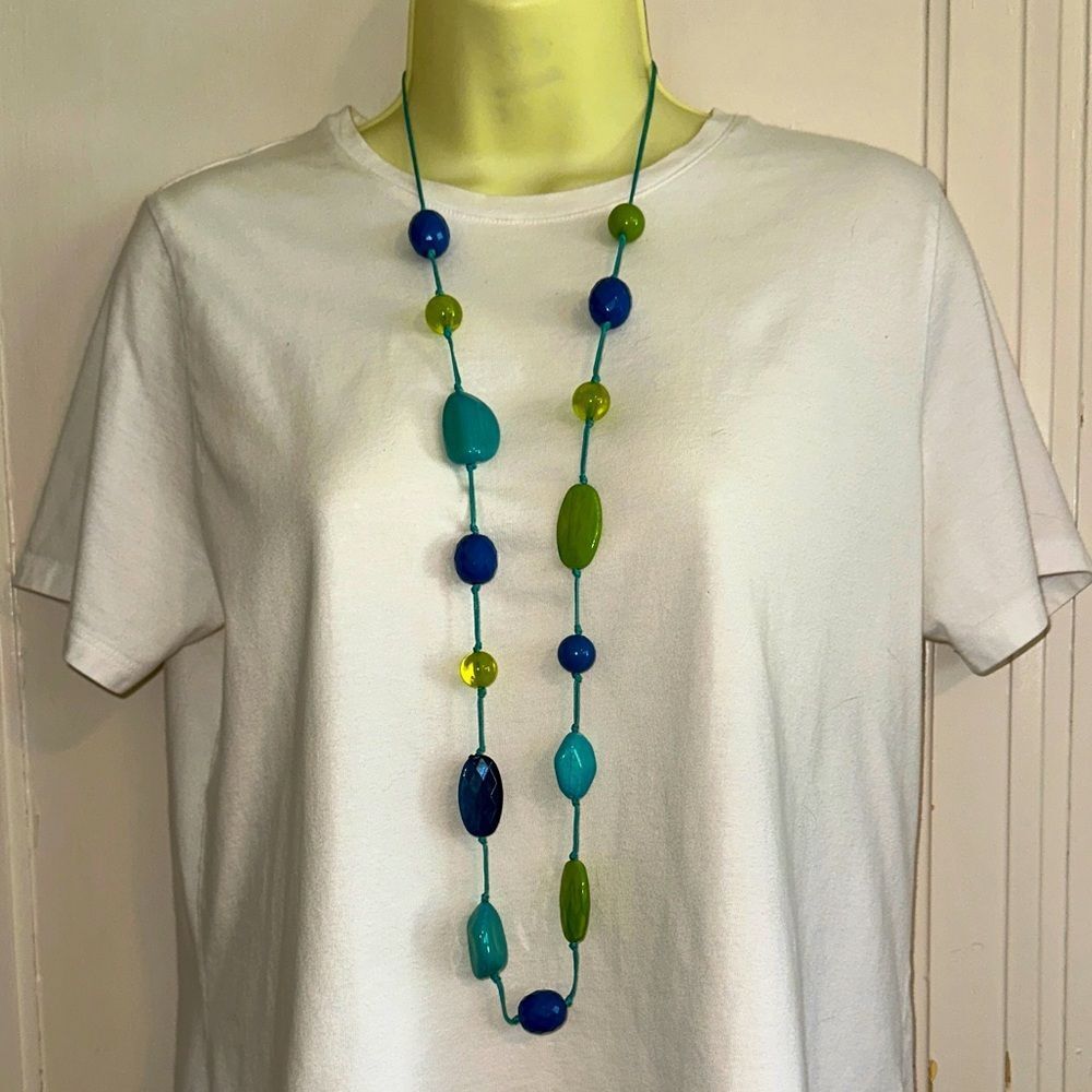 Long Blue, Green & Turquoise Chunky Beaded Necklace on a String Cord